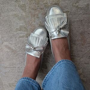 Tod's Metallic Silver Fringe Driving Slip-On Loafers